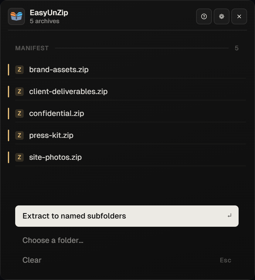 The EasyUnZip panel listing five selected ZIP archives, with Extract to named subfolders as the first action.
