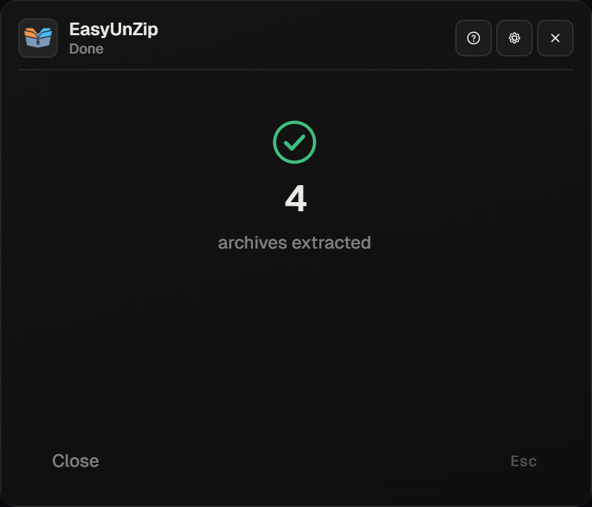 The EasyUnZip panel after a batch run, showing 4 archives extracted.