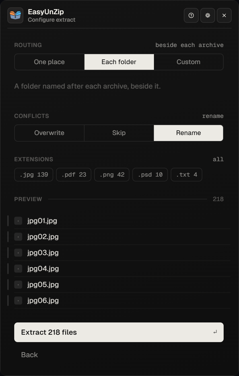 The EasyUnZip panel with the routing choice One place, Each folder or Custom - Each folder selected and described as a folder named after each archive, beside it - above the conflict policy and the file types found.