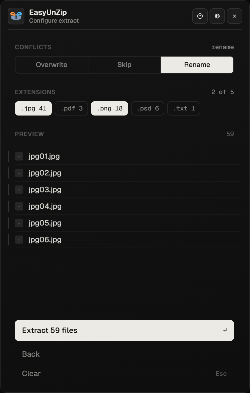 The EasyUnZip panel counting the types inside one archive - .jpg 41, .pdf 3, .png 18, .psd 6, .txt 1 - with .jpg and .png selected and the button reading Extract 59 files.