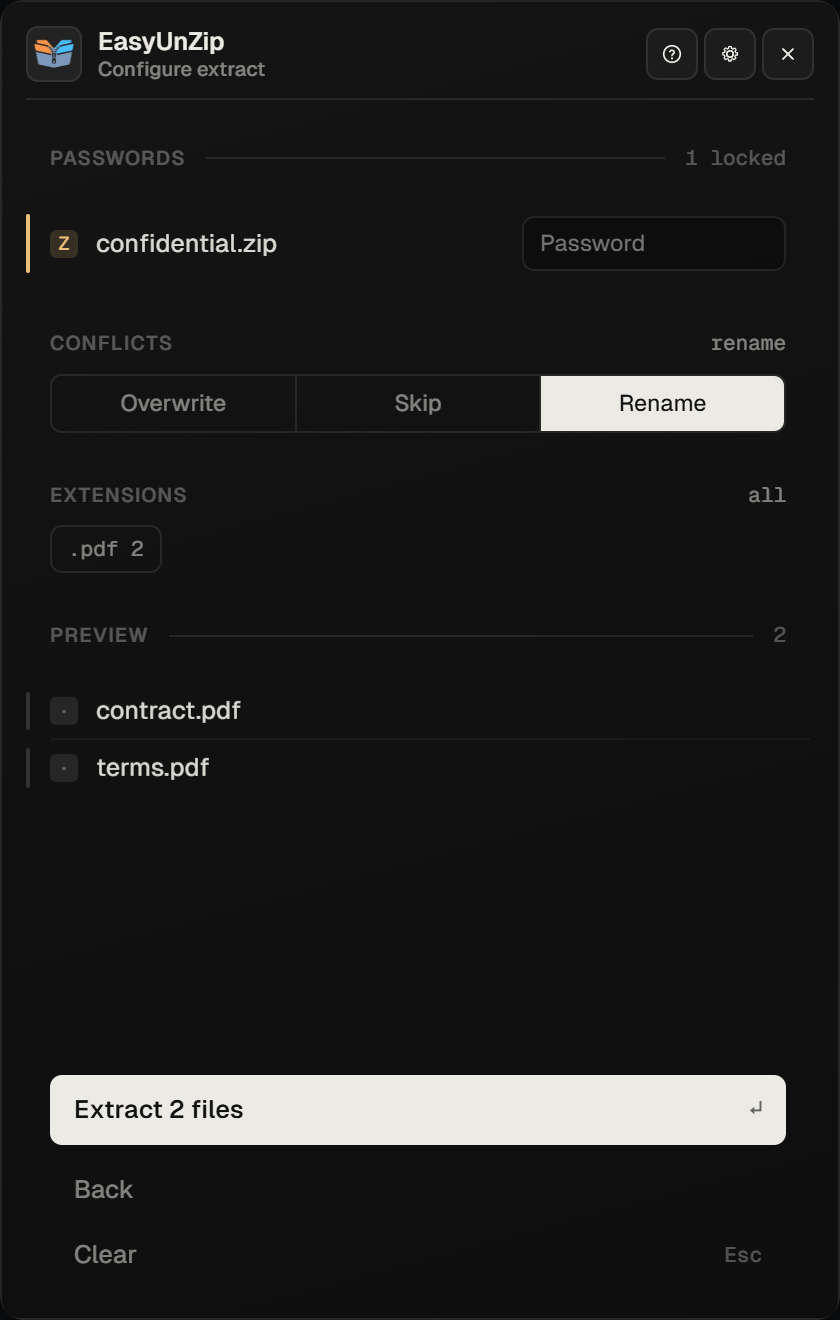 The EasyUnZip panel with a Passwords section reading 1 locked, a password field beside confidential.zip, and a preview of the two PDFs it holds.