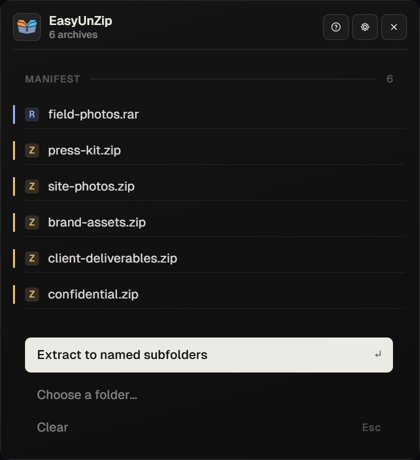The EasyUnZip panel listing six archives together - field-photos.rar tagged R in indigo above five ZIP files tagged Z in amber - under a heading reading 6 archives.